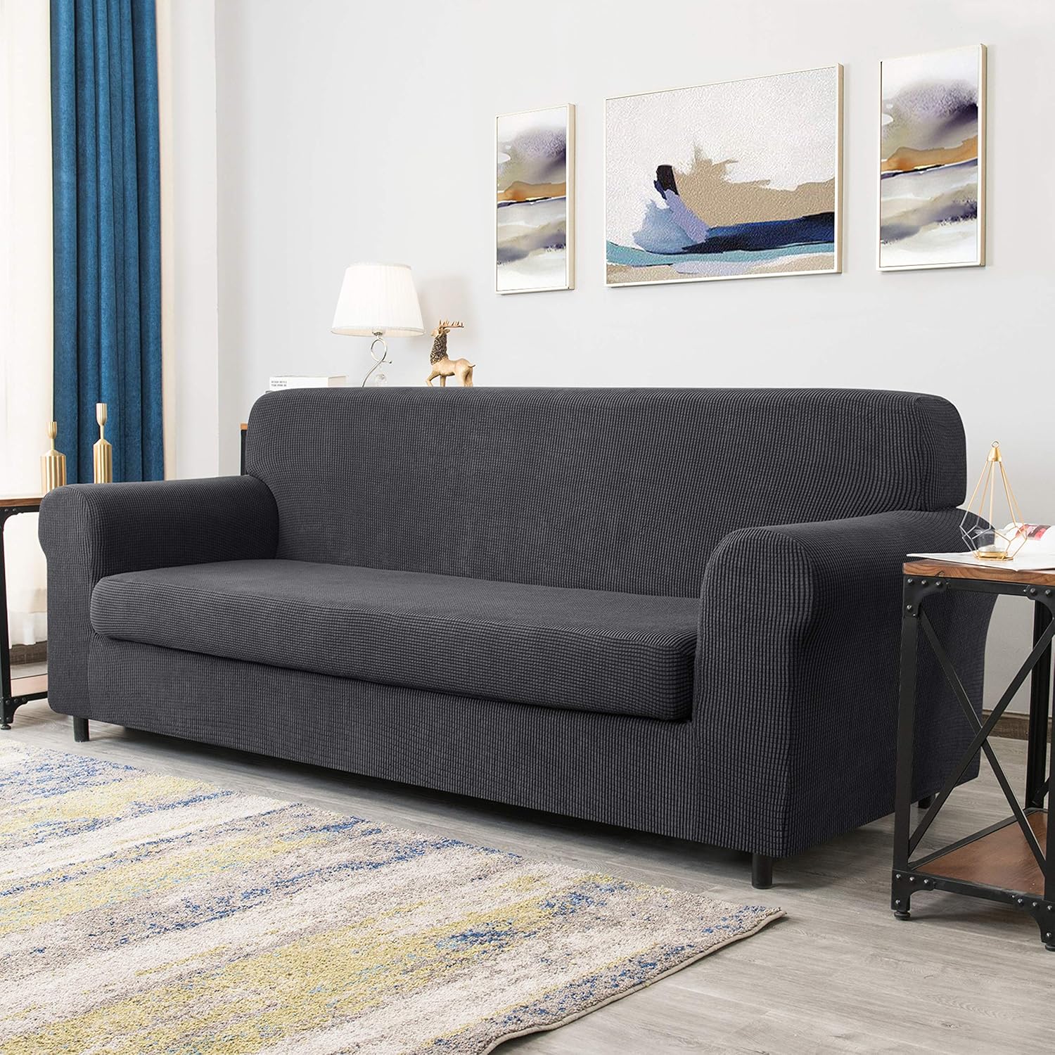 CHUN YI Stretch Sofa Slipcover 2-Piece Couch Cover Furniture Protector, Settee Coat Soft with Elastic Bottom, Checks Spandex Jacquard Fabric, Large, Gray: Furniture & Decor