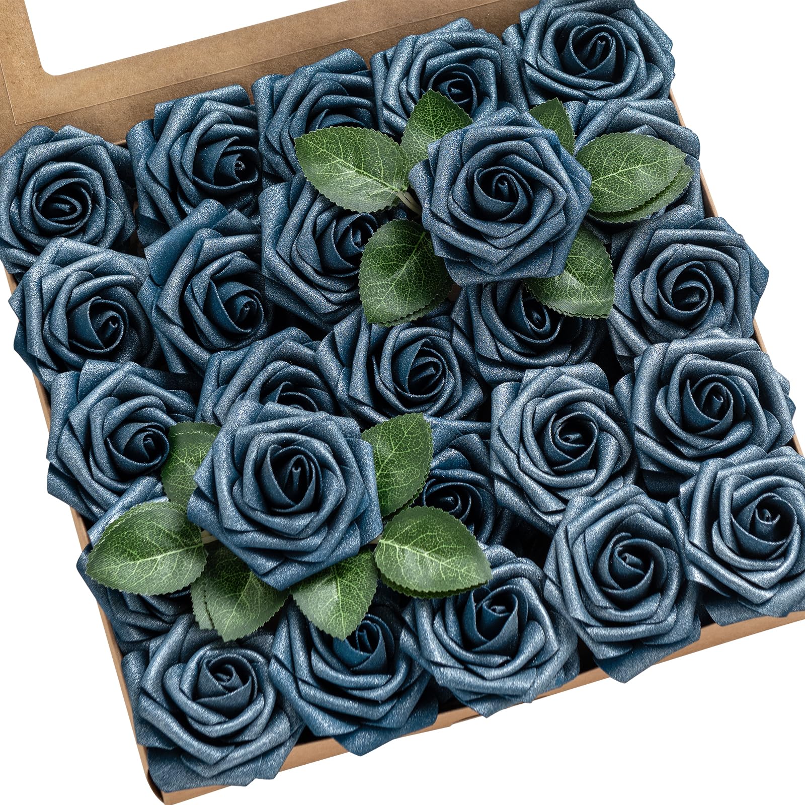 Ling's moment Artificial Flowers 25Pcs Navy Blue Roses Decor w/Stems,3" Real Touch DIY Foam Floral for Wedding Bouquet/Centerpieces, Outdoors Party Backdrop, Room/Table, and Garden/Pot Decorations