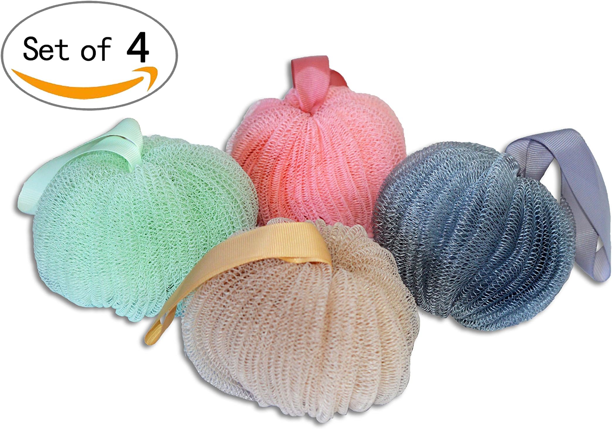 Premium Luxurious Soft Mesh Exfoliating Bath Sponge Shower Pouf Loofah Set 4 Colors By Sqish