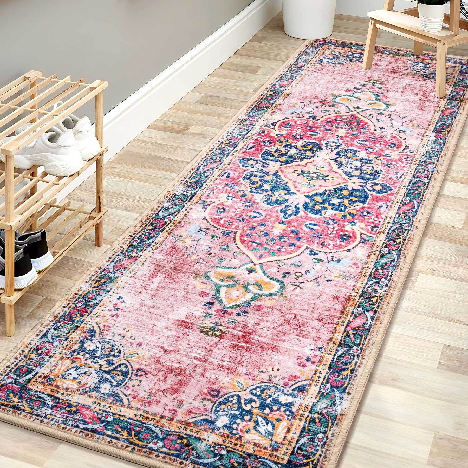 Photo 1 of YesRug Washable Runner Rug 2x6 Pink Boho Area Rug for Hallway Entryway Kitchen Laundry Room Bathroom Bedroom Non Slip Blush Vintage Rug Indoor Carpet