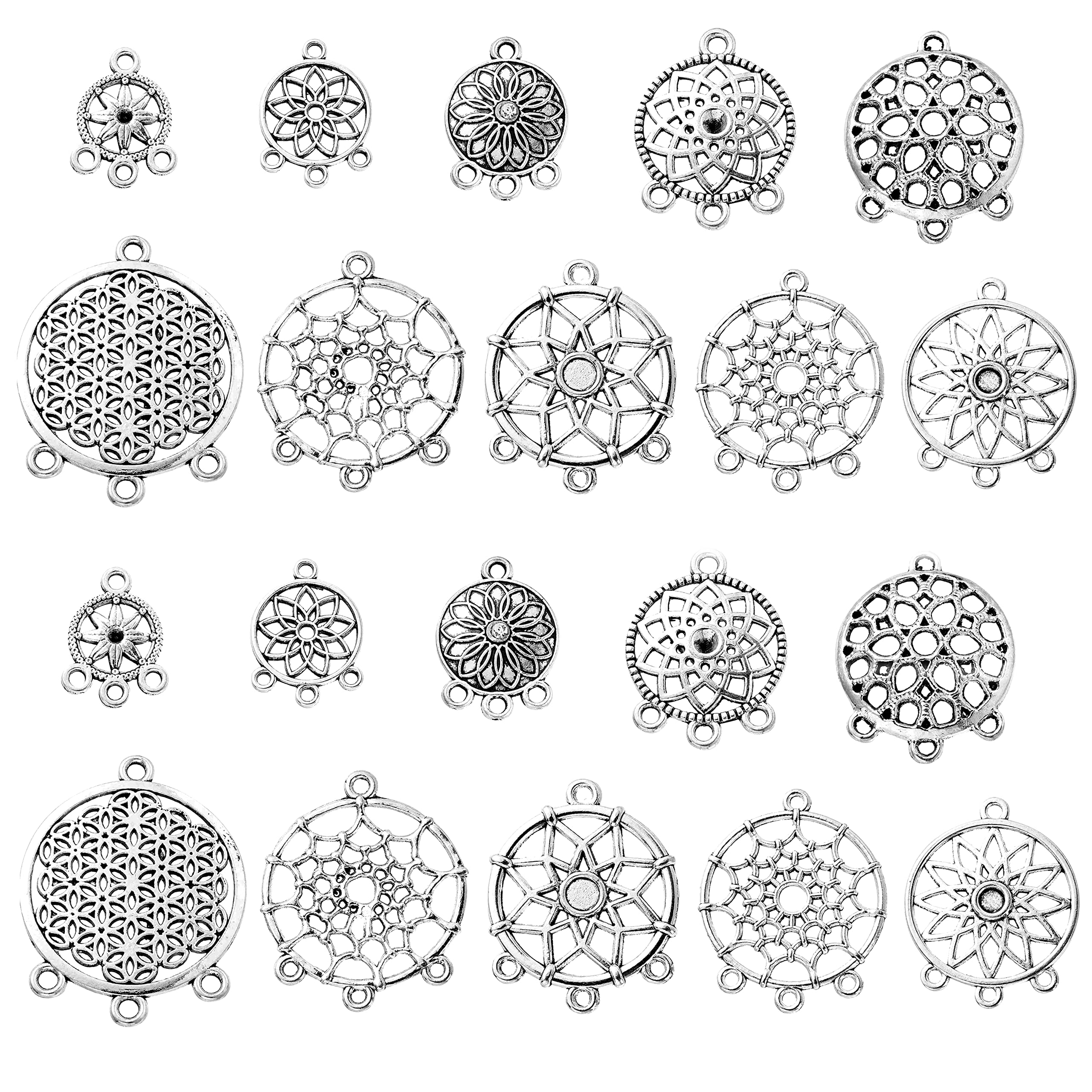 UR URLIFEHALL 100 Pcs 10 Styles Antique Silver Chandelier Charms Flat Round Dream Catcher Charms for DIY Jewellery Crafts Earring Making — image 1