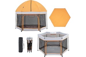 Xped Babe Portable Playpen with Mattress 54" Outdoor and Indoor Baby Playard with Detachable Canopy Lightweight Foldable Play Yard for Babies and Toddlers with Gate and Travel Bag