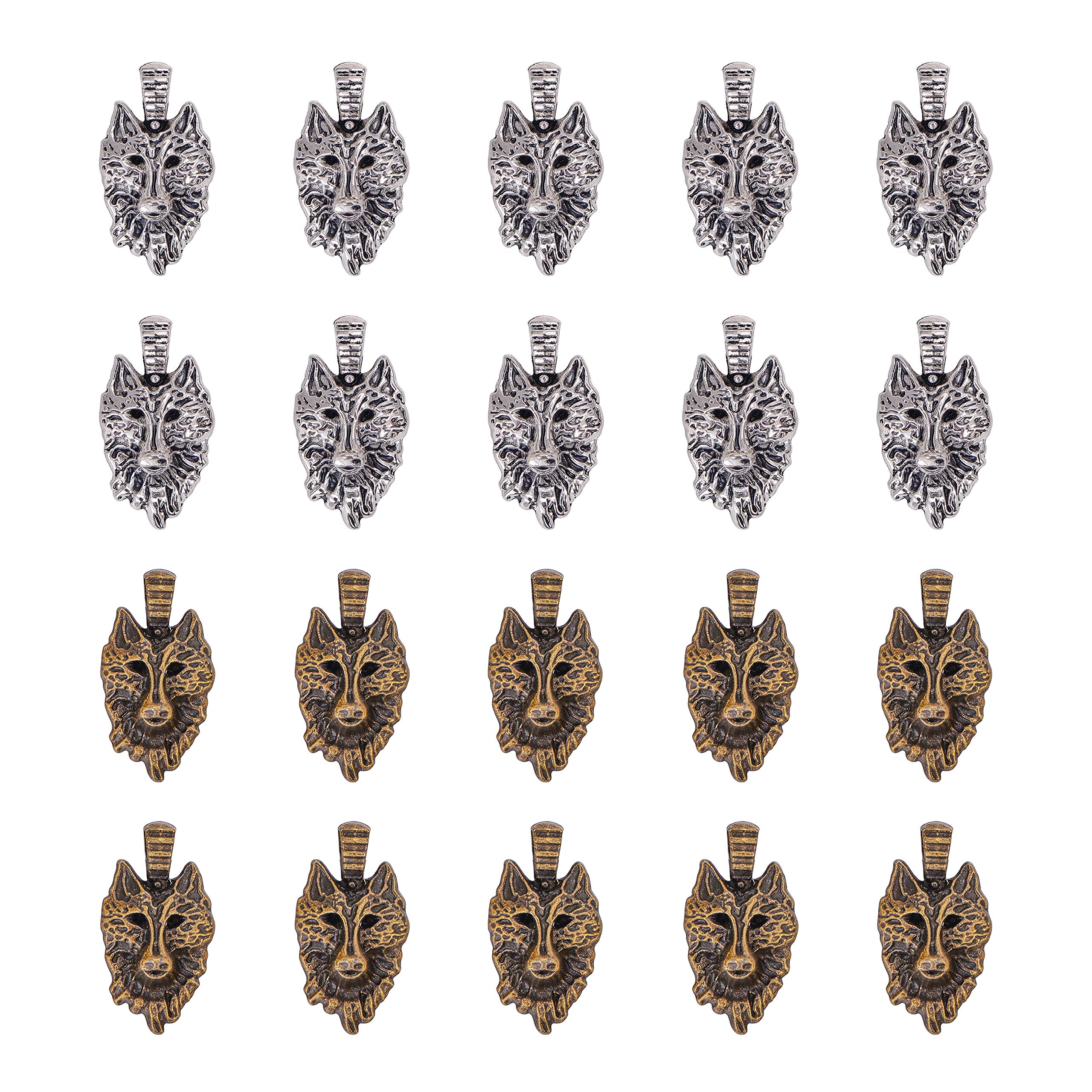 PH PandaHall 40pcs 2 Colours Tibetan Alloy Wolf Head Charms Animals Pendant Beads for DIY Bracelet Necklace Jewellery Making (Antique Bronze & Antique Silver)