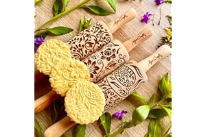 FLORET 3 Kid Rolling Pin Set with Lotus, Kashmir, Paisley, Flowering Vine, Lily Flowers Patterns. Wooden Laser Cut Mini Rolli