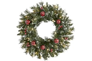 Nearly Natural 24in. Frosted Artificial Christmas Wreath with 50 Warm White LED Lights, Ornaments and Berries