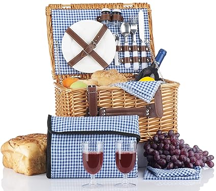 Picnic Basket Set - 2 Person Picnic Hamper Set - Waterproof Picnic Blanket Ceramic Plates Metal Flatware Wine Glasses S/P Shakers Bottle Opener Blue Checked Pattern Lining Picnic Set | Picnic Tote