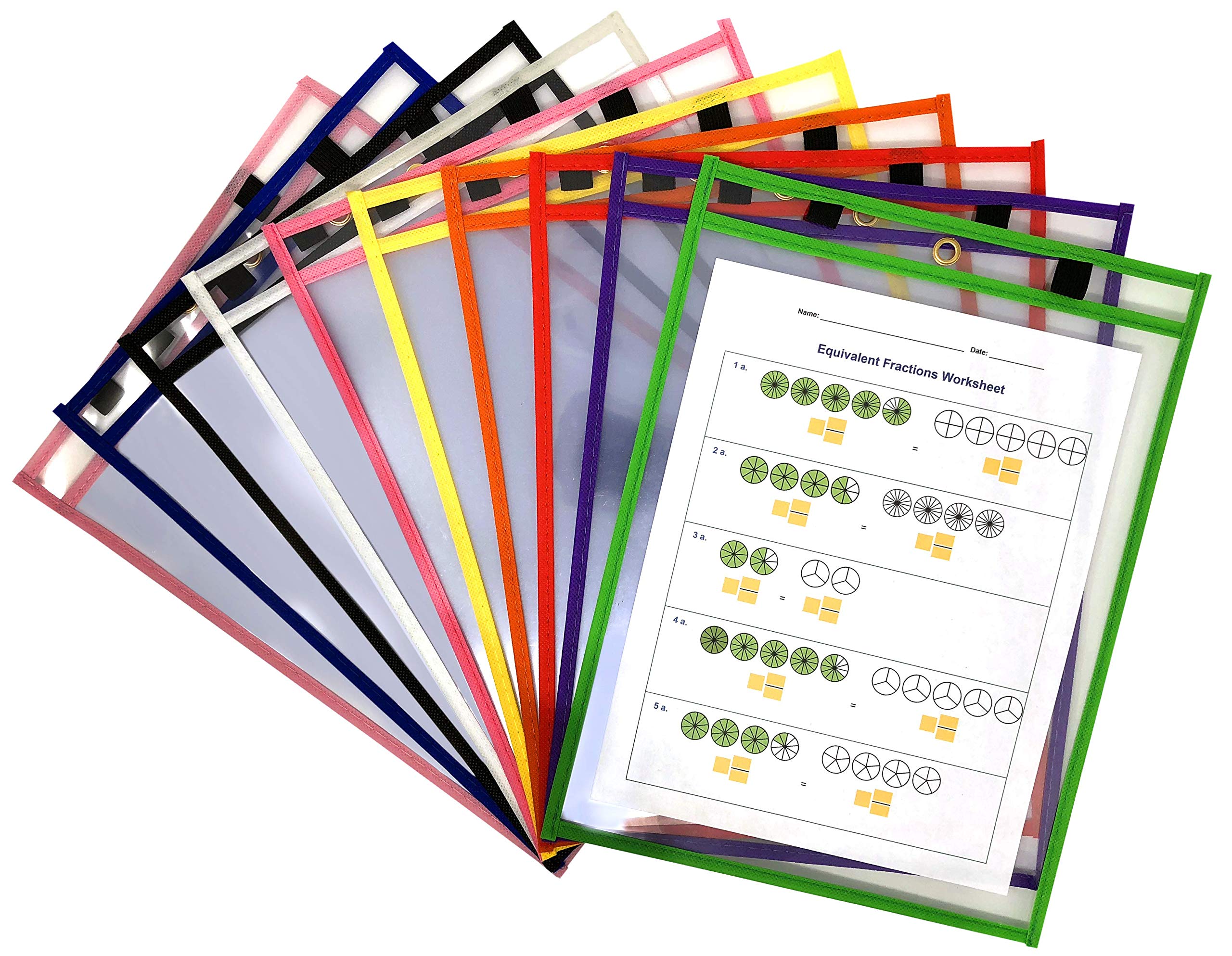 Dry Erase Pockets - 10 Pack Clear + Reusable Page Protectors Ideal for Office and Classroom Organization - Oversized 9 x 12 inch - Assorted Colors with Metal Eyelet + 2 Different Sized Marker Holders