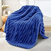 Exclusivo Mezcla Fleece Throw Blanket for Couch, Super Soft Striped Jacquard Bed Blanket, Lightweight Fuzzy Cozy for All Seasons, 50x60 Inches, Cobalt Blue
