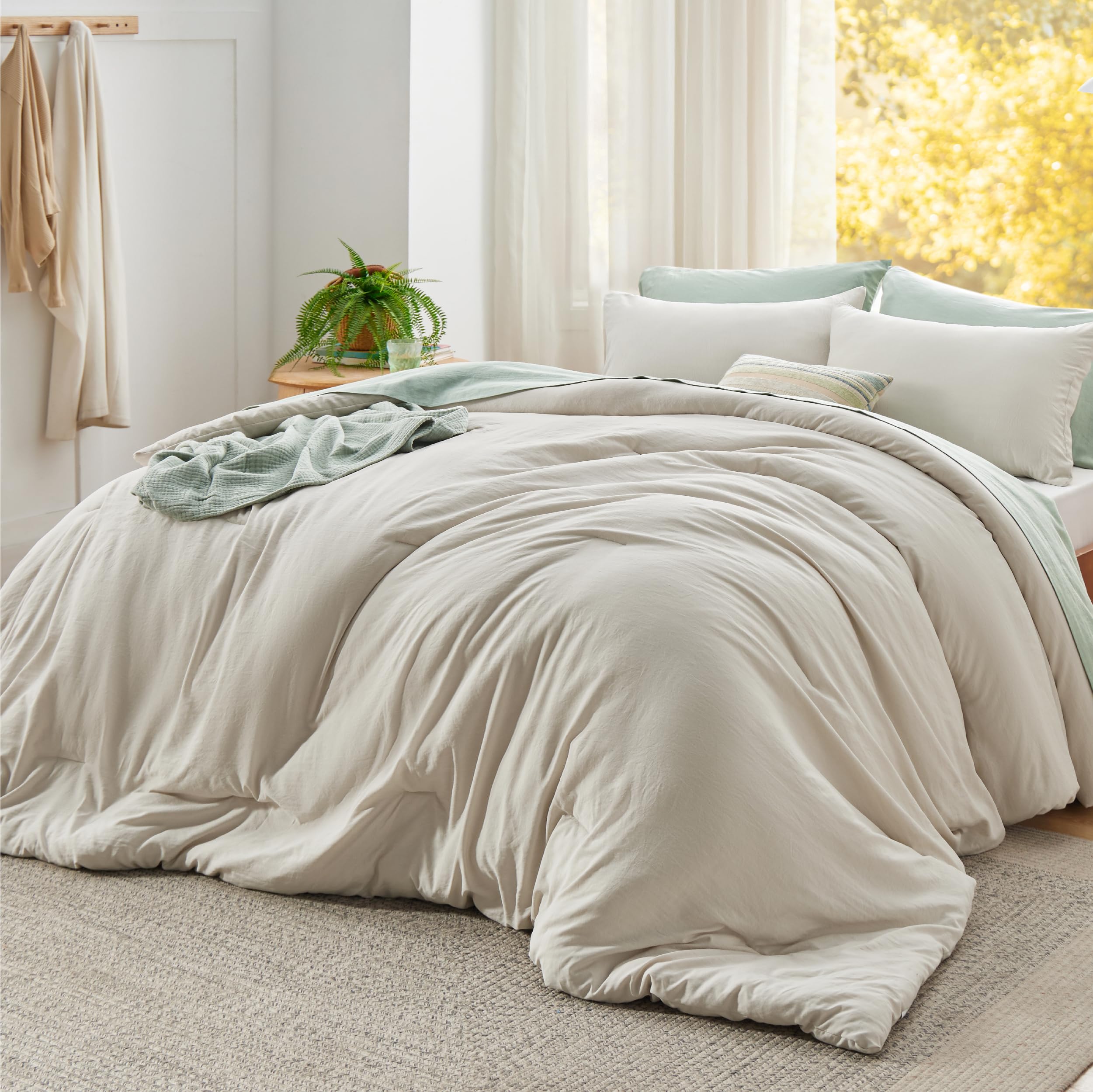 Photo 1 of Bedsure Super King Plus Size Comforter Set, Beige Soft Prewashed Bedding for All Seasons, 3 Pieces GentleSoft™ Bed Set, 1 Lightweight Comforter (128"x120") and 2 Pillowcases (20"x36")