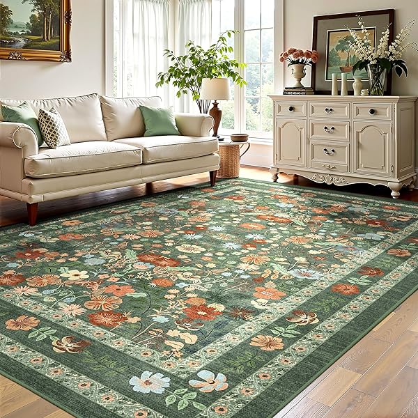 DEERLY GREEN BOHO FLORAL RUG 6X9 VINTAGE BOHO WASHABLE NON-SLIP LIVING ROOM CARPET SOFT LOW PILE THIN BEDROOM FLOOR MAT INDOOR FOR DINING ROOM PLAYROOM NURSERY FARMHOUSE, GREEN/MULTI