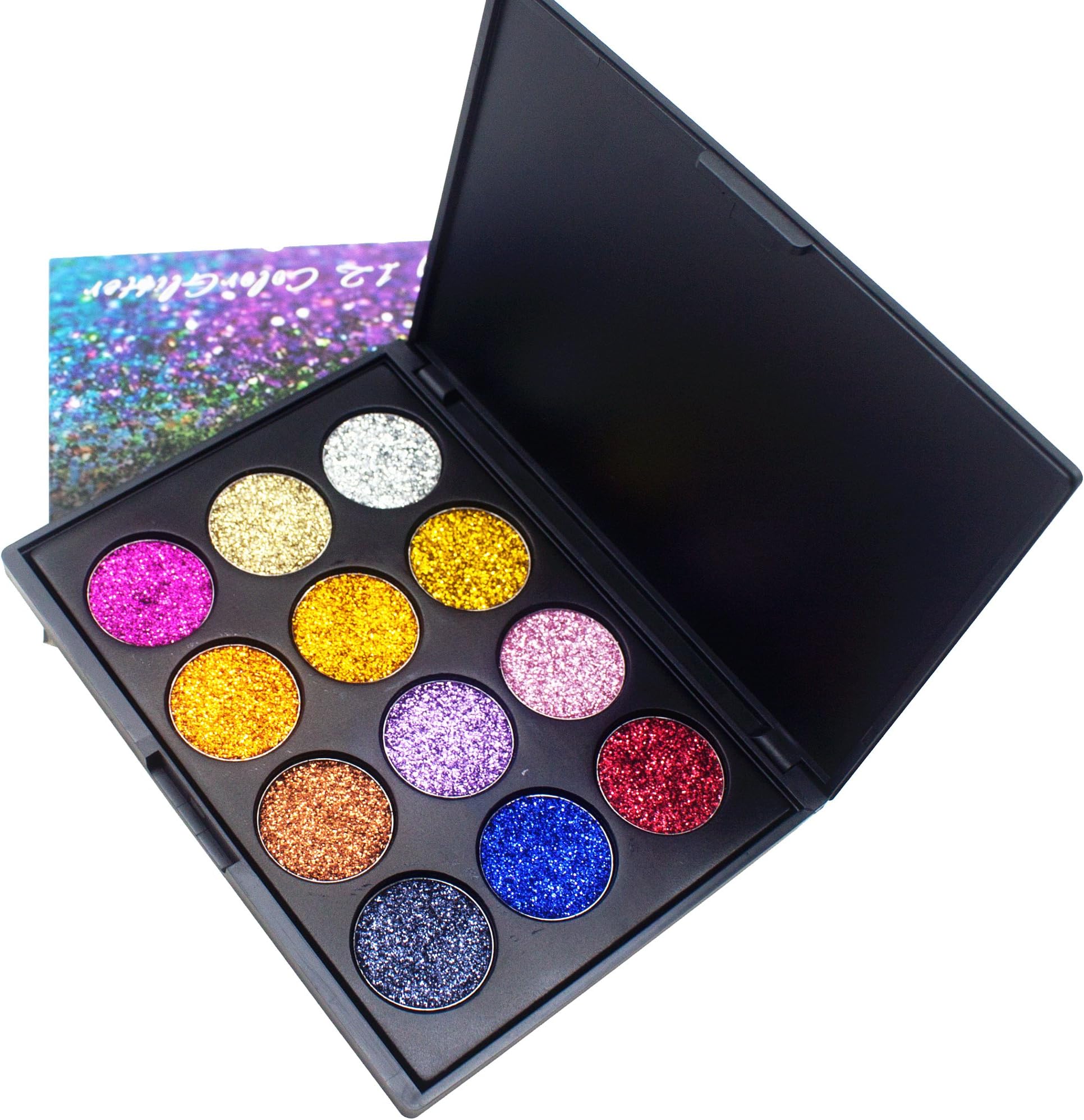 Pressed Glitter Eyeshadow Palette, Lover Bar Sleek Makeup Powder Shimmer Eye Shadow High Pigment 12 Colour Waterproof Long-Lasting Make Up Pallets Metallic Diamond Sequins Party Stage Cosmetics (G12)
