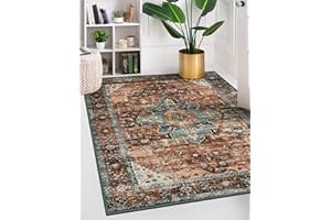 Moynesa Ultra-Thin Washable Vintage Area Rug - 5x7 Large Boho Non-Slip Rug for Bedroom Living Room Oriental Medallion Non-Shedding Print Floor Carpet for Dining Room Home, Brick Red/Dull Teal