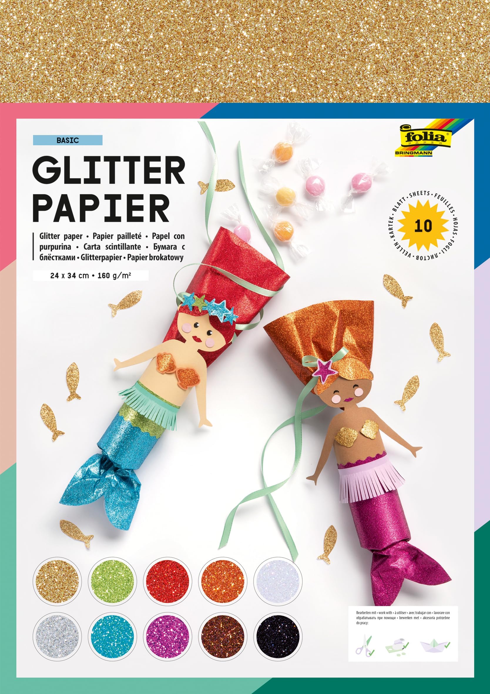 folia 880409 Glitter Paper Pack of 10 Assorted Colours – 24 x 34 cm