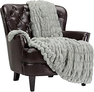 Chanasya Ruched Royal Faux Fur Throw Blanket - Fuzzy Plush Elegant Blanket for Sofa Chair Couch and Bed with Reversible Velvet Blanket (50x65 Inches) Tan Sage