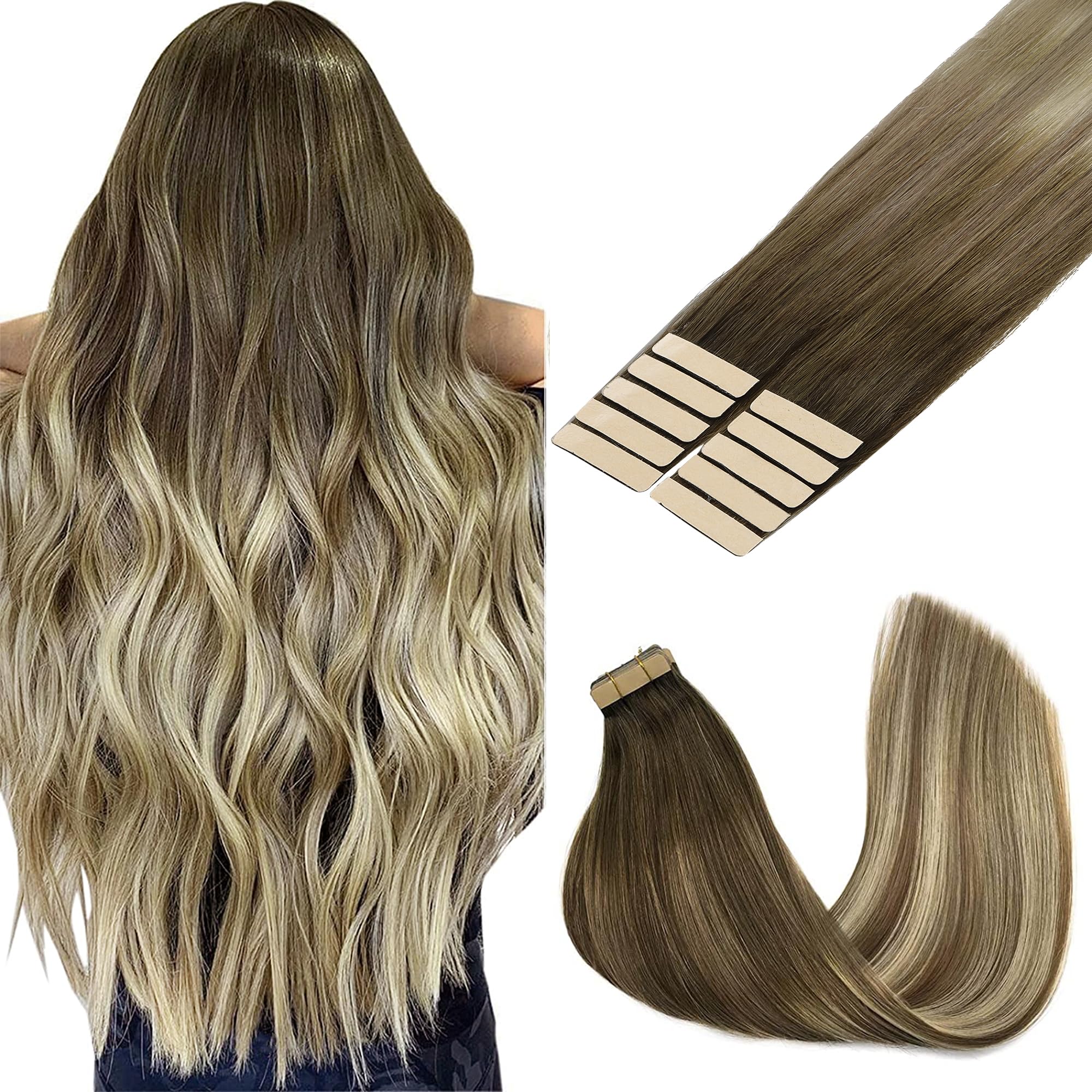 GOO GOO Tape in Hair Extensions human hair, tape Hair Extensions, 16inch 25g 10pcs, Human Hair Extensions, (T3/8)613 Blonde Ombre