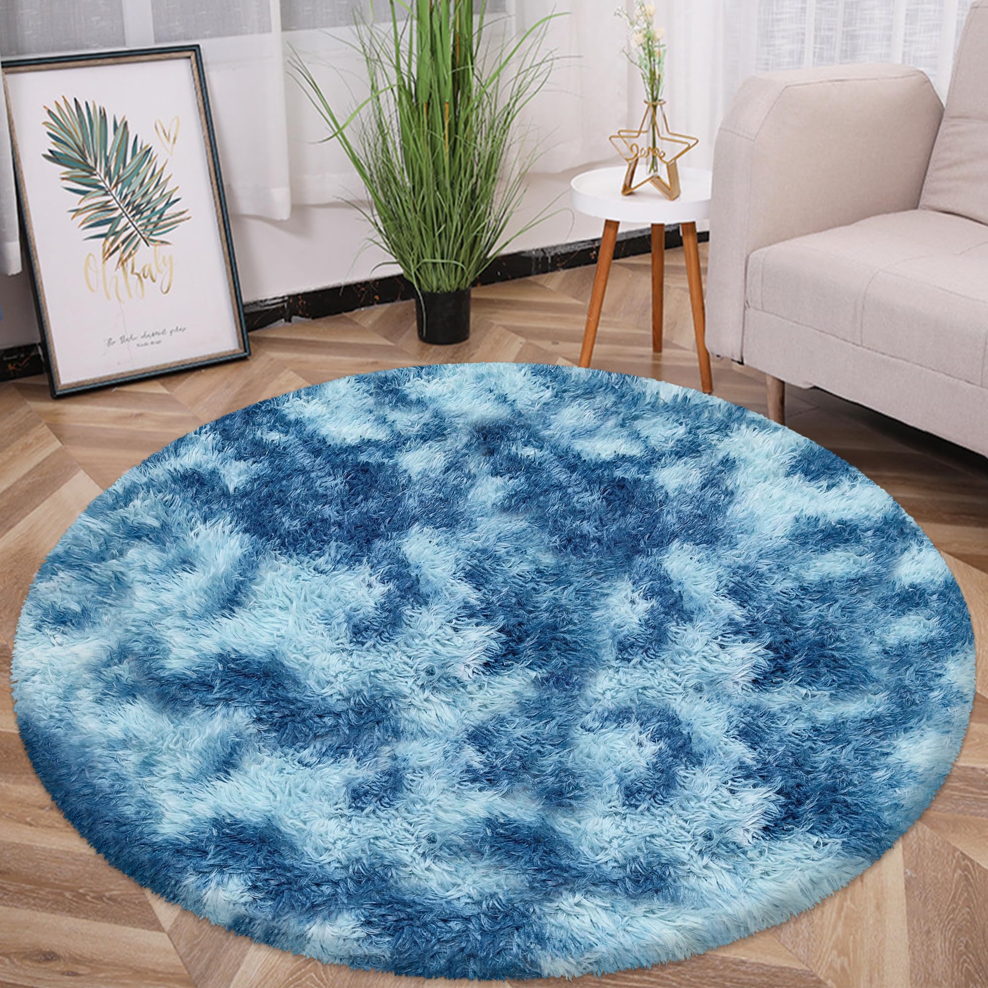 Photo 1 of ATRUG 5 ft Round Fluffy Blue White Rug for Bedroom,Tie Dyed Furry Round Carpet Non Slip Fuzzy Shaggy Plush Circle Area Rug Rug for Living Room Room Nursery Room Playroom Kids Room Home Decor Washable