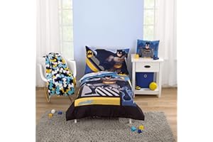 NOJO Warner Brothers Batman The Caped Crusader Navy, Gray, and Yellow Bat-Signal 4 Piece Toddler Bed Set - Comforter, Fitted Bottom Sheet, Flat Top Sheet and Reversible Pillowcase