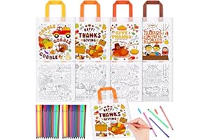 HOWAF 12pcs Thanksgiving Holiday Coloring Goodie Bags with Paint Pens for Kids, Give Thanks Coloring Candy Bags Turkey Day Coloring Gift Bags, Thanksgiving Reusable Canvas Bag Party Favors Coloring