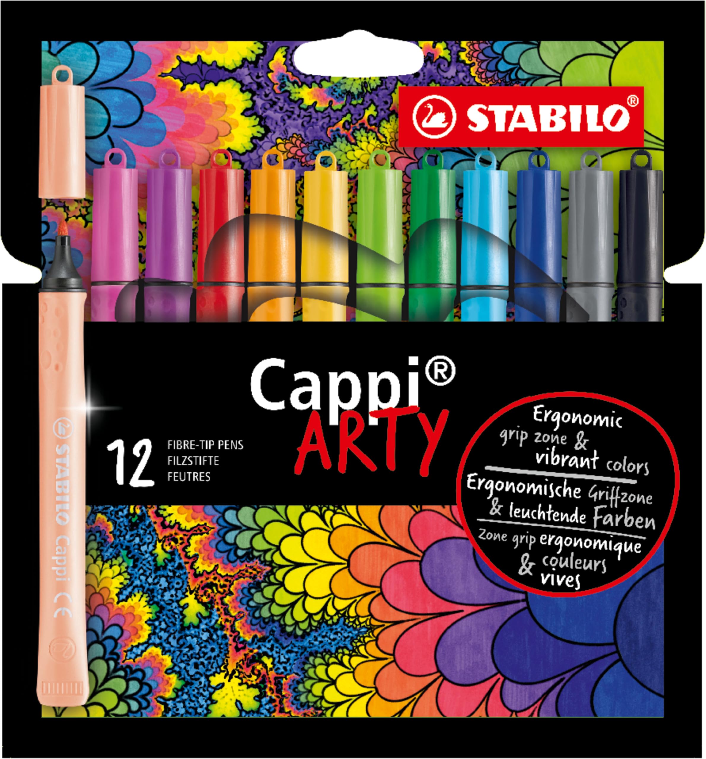 STABILO Cappi - Fibre-Tip Pen with Cap-Ring - ARTY - Pack of 12 - Assorted Colours with 1 Cap-Ring