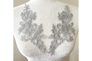 PEPPERLONELY 1 Pair Fine Lace Fabric Patches Embroidered Trim Applique Decor Dress Decoration, Gray, 10 X 6 Inch