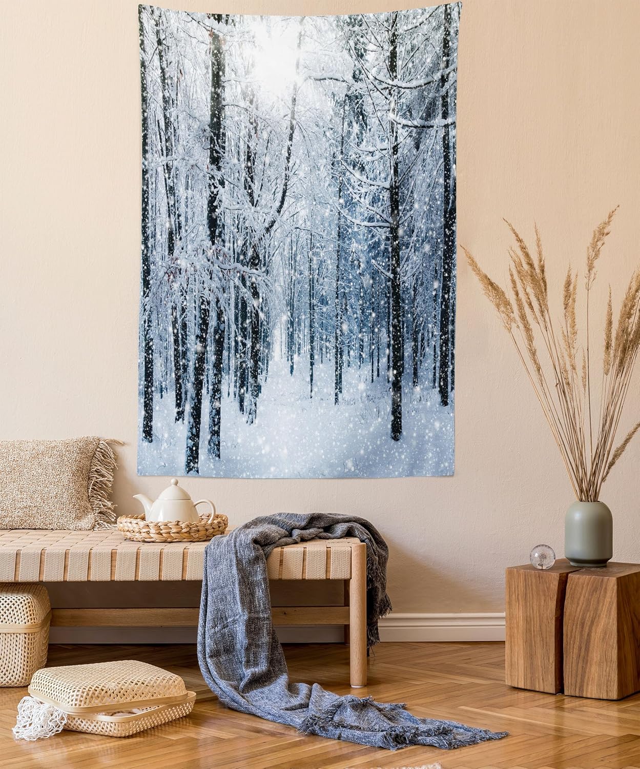 Tapestries - Ambesonne Winter Tapestry, Snow Covered Forest Idyllic Early Morning Scenery Seasonal Xmas Nature, Wall Hanging for Bedroom Living Room Dorm Decor, 60