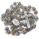 Nazareth Store Colorful Zirconia Crystal Beads Rosary Silver Catholic Necklace with Miraculous Medal Cross Crucifix Multicolor Rosaries in Velvet Bag