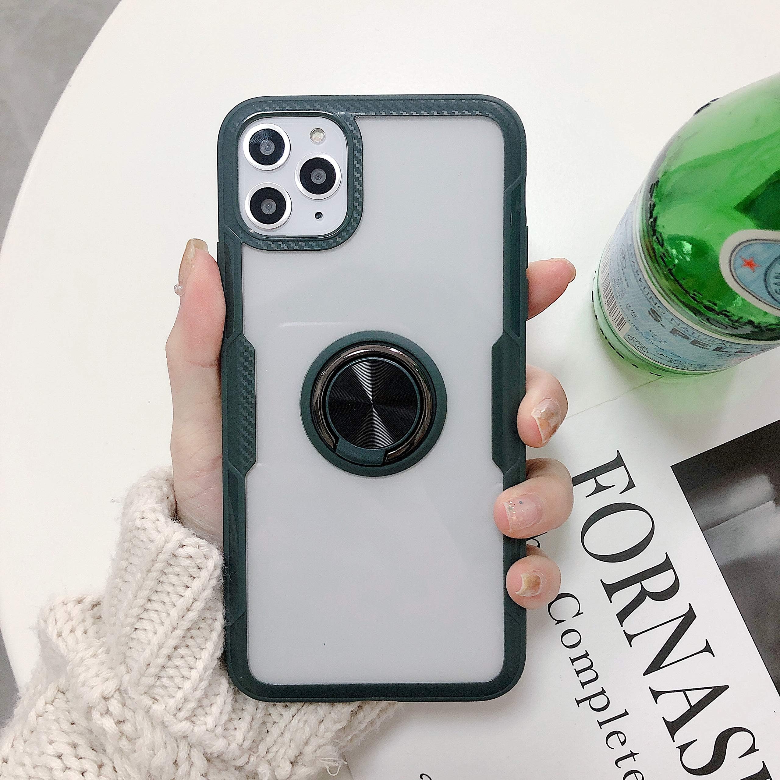 KIMICO iPhone 11 Pro Max Case, Clear Anti-Scratch with Carbon Fiber Styling case with 360 °Rotation Ring Kickstand (Built-in Magnetic Car Mount) Hard Back Soft Bumper Protective Case (Green 11ProMax)