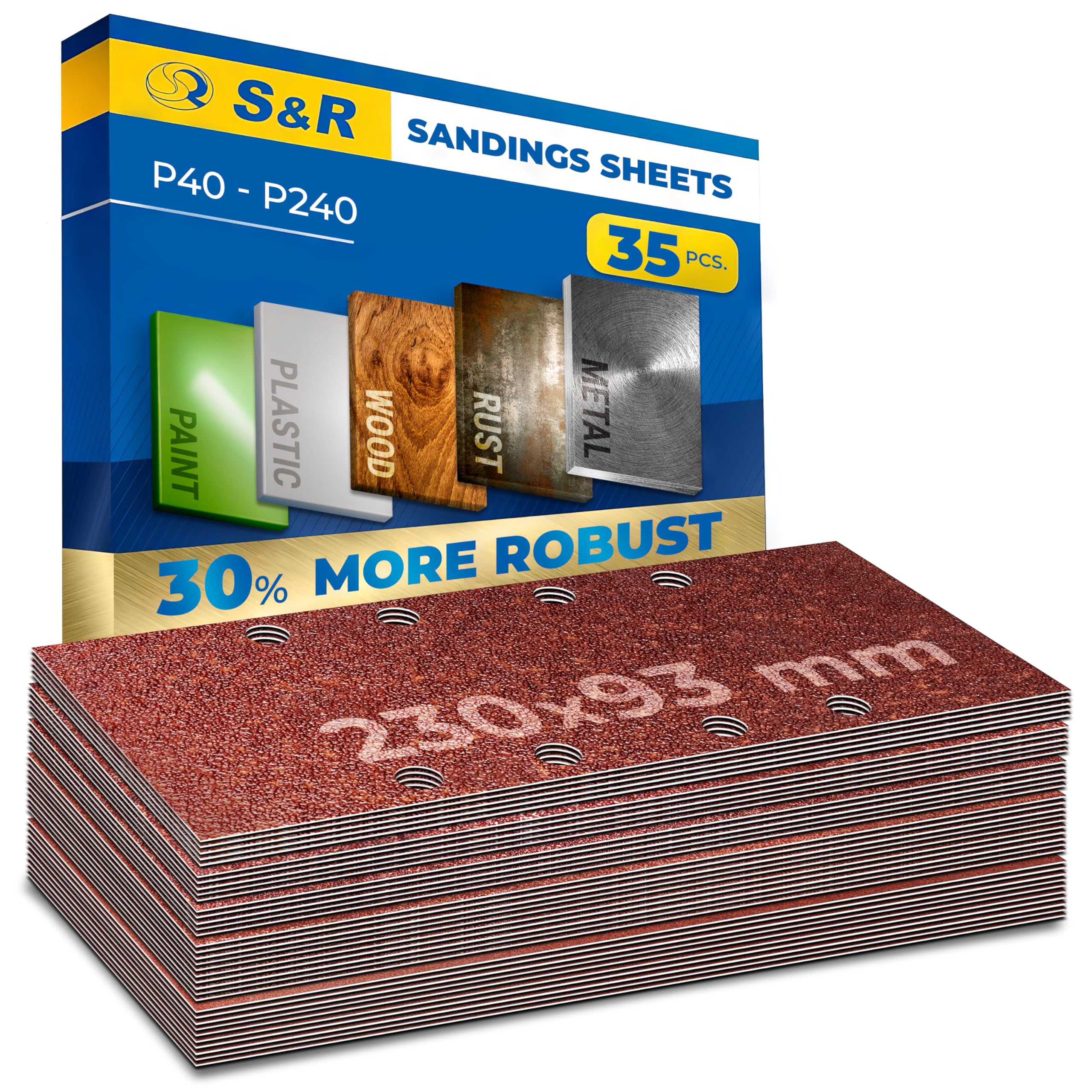 S&R Sanding Sheets – Mixed Grit 40/60/80/120/240 | 93x230 mm | Hook-And-Loop Fasteners | Set of 35 for Wood, Metal & Plastics