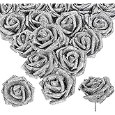 INSUNSIX Silver Glitter Roses 30PCS Artificial Roses with Stems Glitter Foam Flowers 2.56" Silver Flowers Fake Roses for Bridal Shower Wedding Bouquet Table Decor
