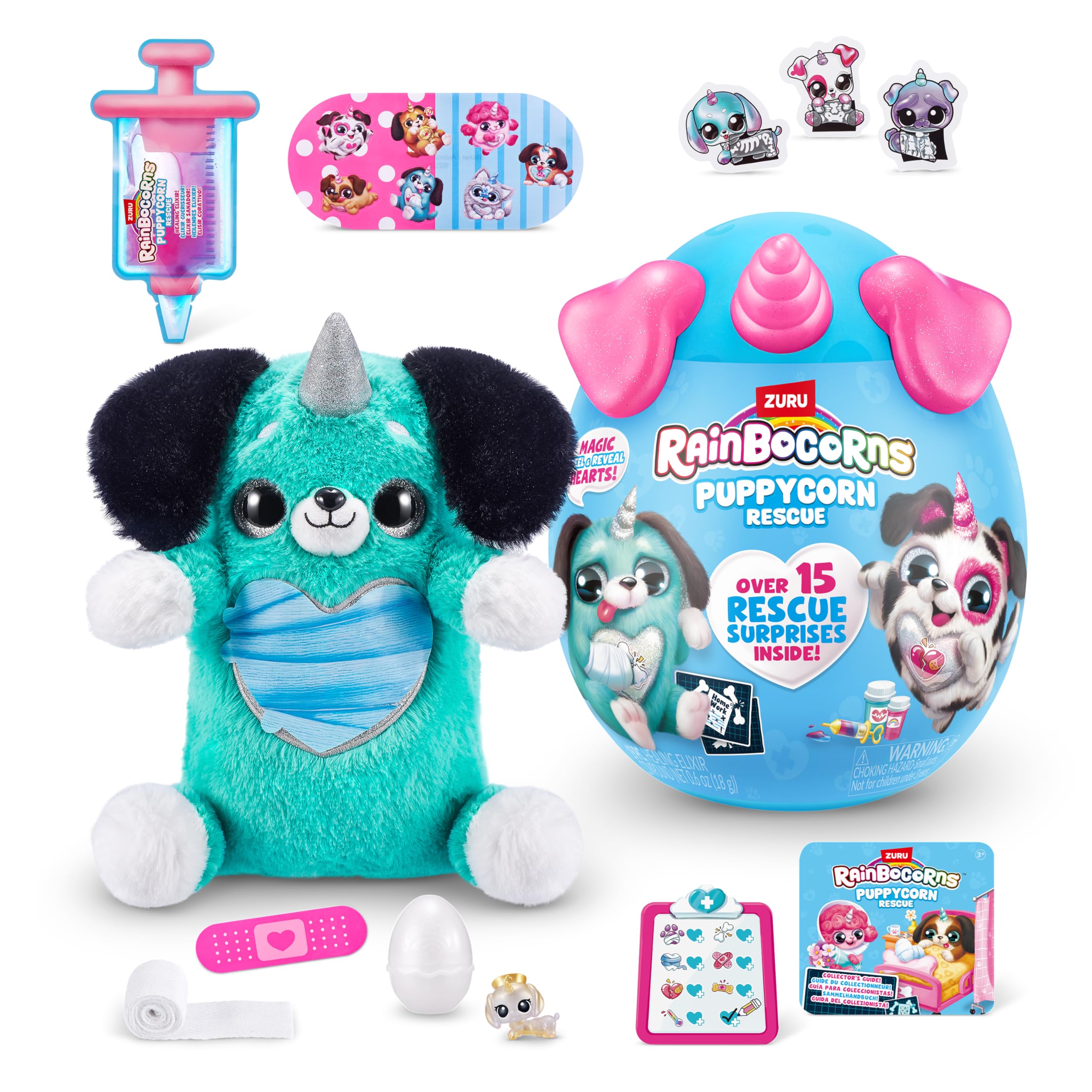 Rainbocorns Puppycorn Rescue Surprise, Peaches the Sausage - Collectible Plush - Over 12 Surprises, Peel and Reveal Heart, Stickers, Syringe Slime, Ages 3+ (Sausage)