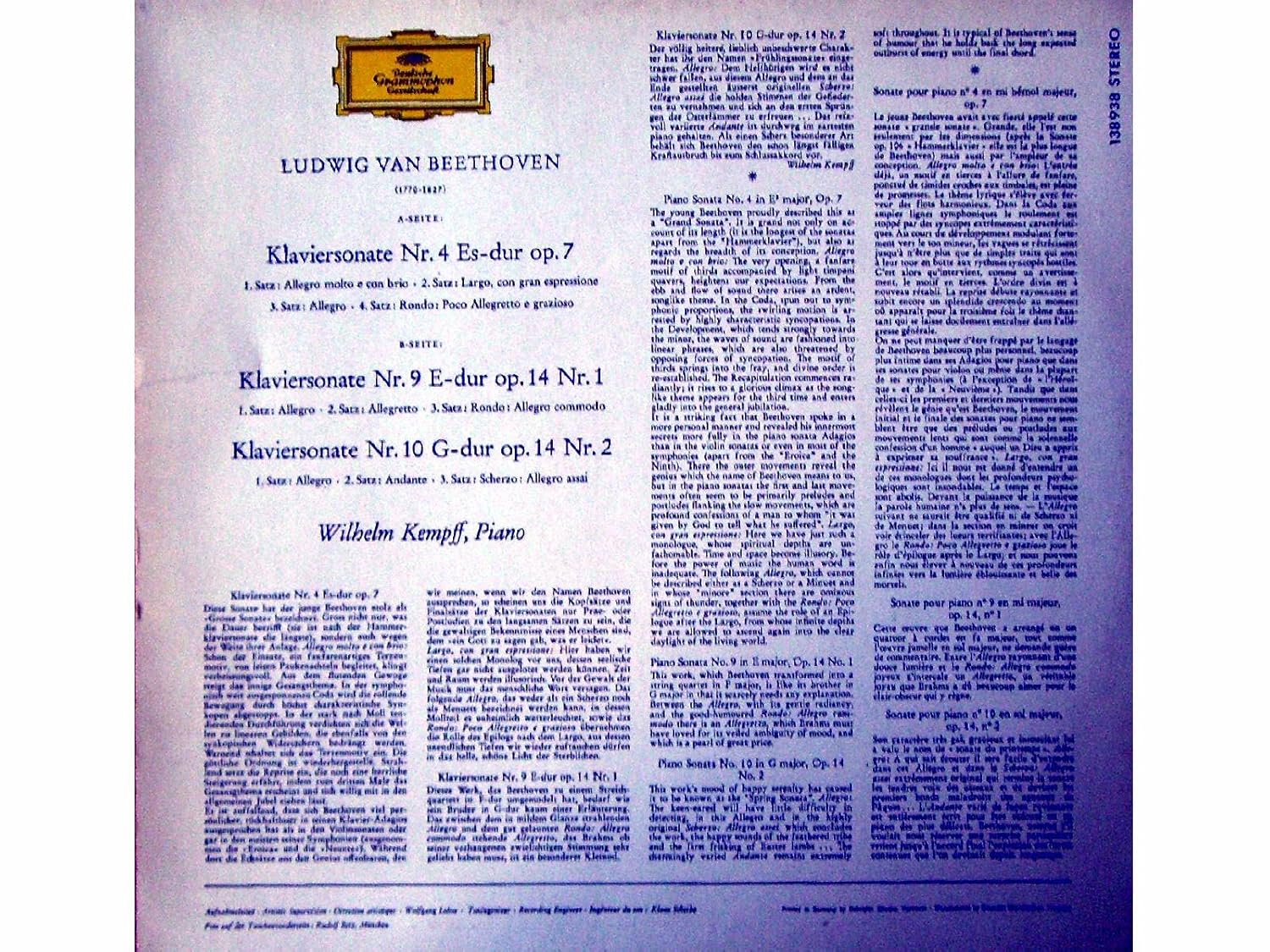 Ludwig Van Beethoven Klaviersonaten Nr 4 Es Dur Nr 9 E Dur Nr 10 G Dur Wilhelm Kempff Piano Amazon Fr Cd Et Vinyles Ludwig Van Beethoven Klaviersonaten Nr 4 Es Dur Nr 9 E Dur Nr 10 G Dur Wilhelm Kempff Piano Amazon Fr Cd Et Vinyles