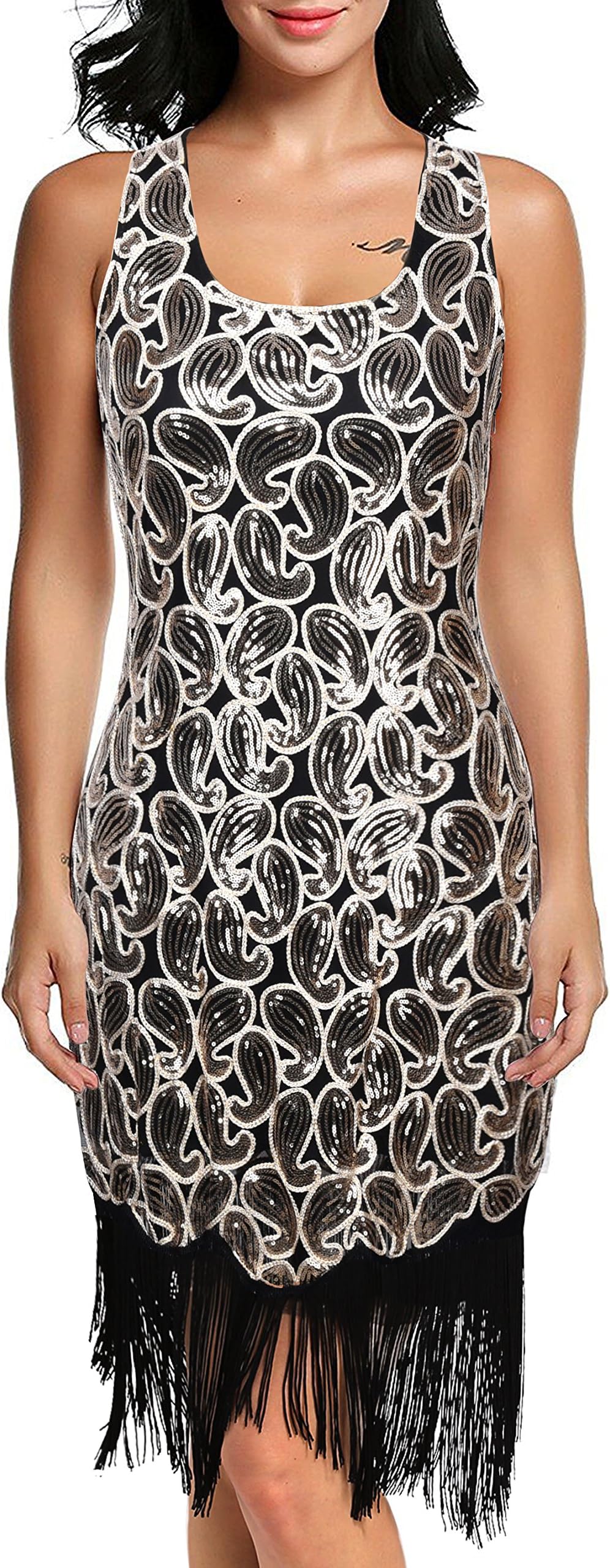 kayamiya Women's 1920s Sequined Paisley Pattern Fringe Gatsby Flapper Dress