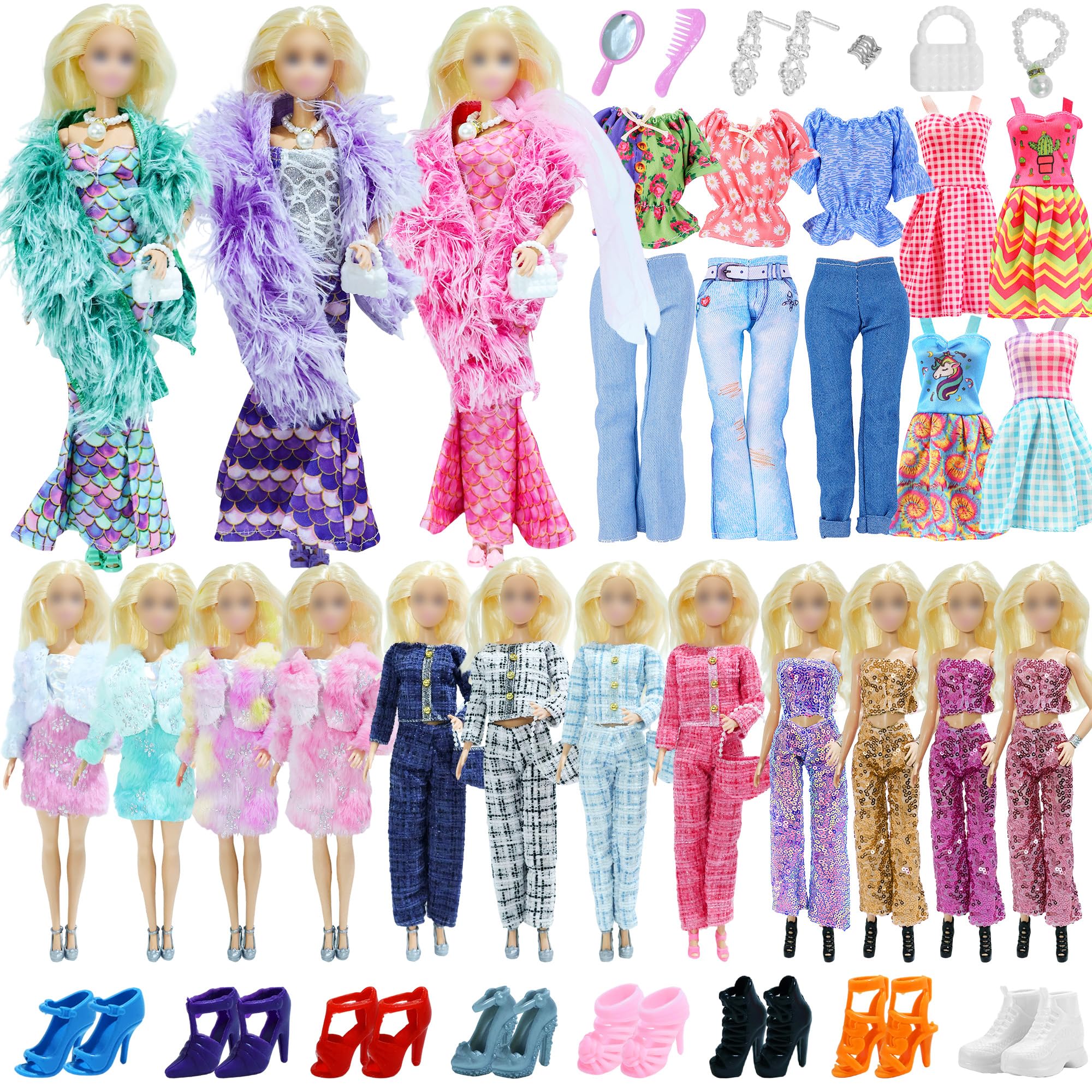 YYwwLX 26pcs Doll Clothes Compatible with Barbie Doll, Winter Fur Coat Mermaid Skirt Dress Waistcoats Strapless Tops Short Sleeves Shoes Accessories Fashion Outfit Jeans for 11.5inch Girl Doll