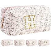 HBselect Initial Makeup Bag for Women, Pink Cosmetic Travel Toiletry Bag, Flowers Zipper Make Up Pouch Organizer Teen Girl Gifts Trendy Stuff H