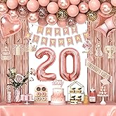 20th Birthday Decorations for Women Girls, Happy 20 Birthday Decorations for Her, Rose Gold Birthday Party Supplies with Banner, Number Balloons, Fringe Curtains, Hanging Swirls, Foil Balloons