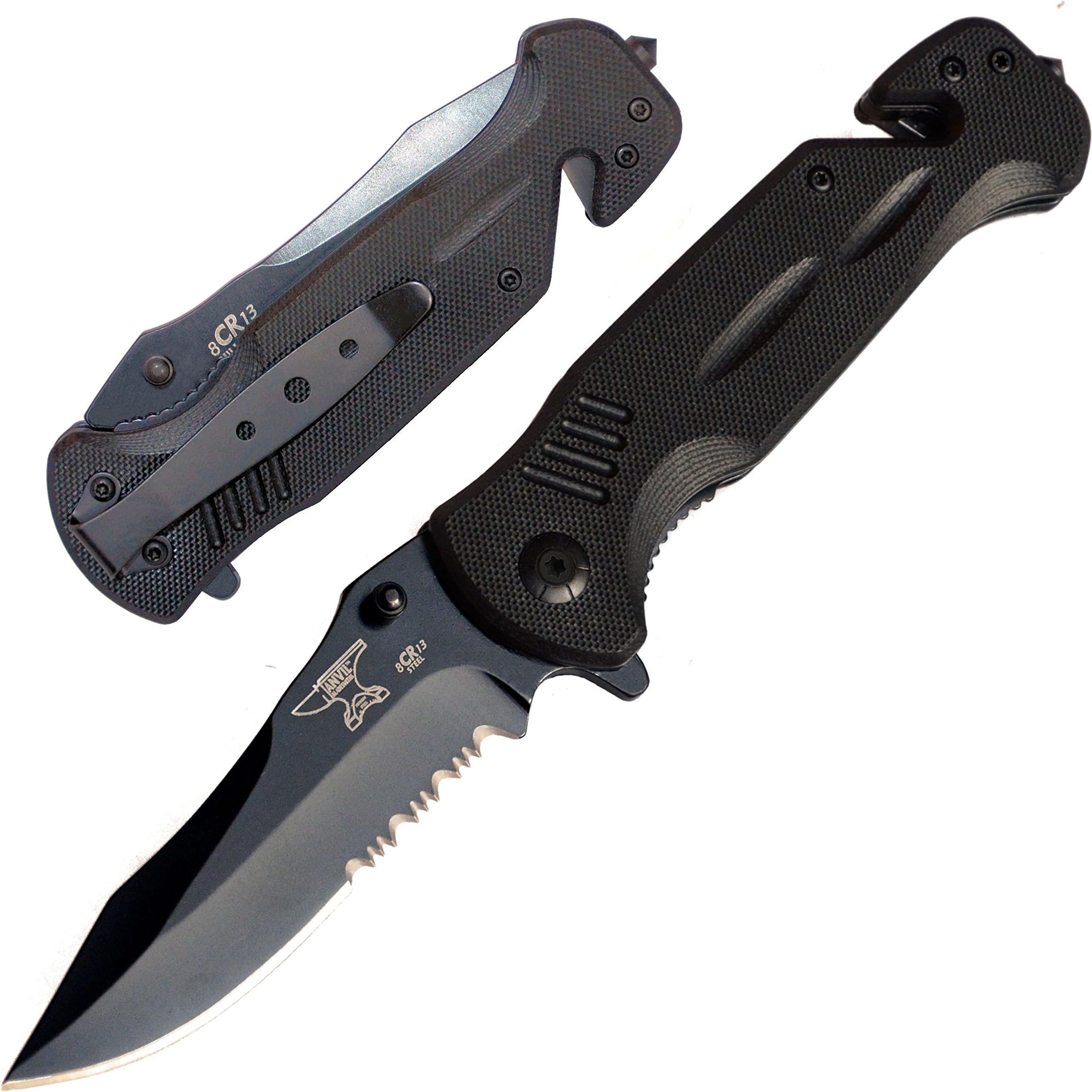 ANVIL BLADESMITHS - BULLSHARK G-10 8CR13 Knife w/Glass Breaker and Seatbelt Paracord Cutter - Choice of Straight or Serrated Blade - Assisted Open or Manual Open
