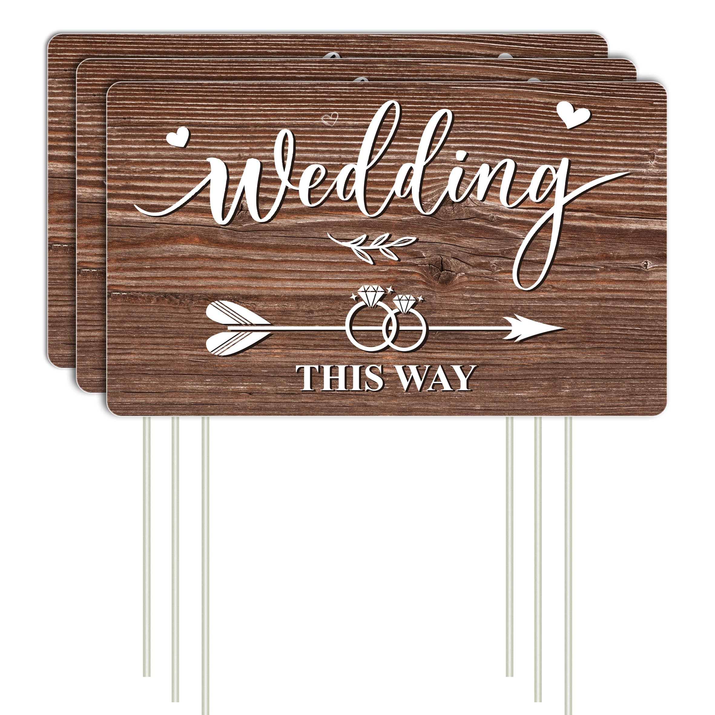 Photo 1 of Lesnala 3Pcs Double Sided Wedding this Way Sign Corrugated Plastic Direction Arrow Marks with Stakes for Indoor Outdoor Ceremony Party Decorations 14.2 X 8.5inch