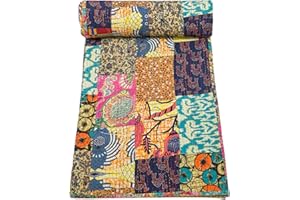 Marubhumi Indian Traditional Pure Cotton Patchwork Kantha Quilt, Paisley Print Kantha Quilt Multi Color (Multicolor-7, Queen (90"x 108"))