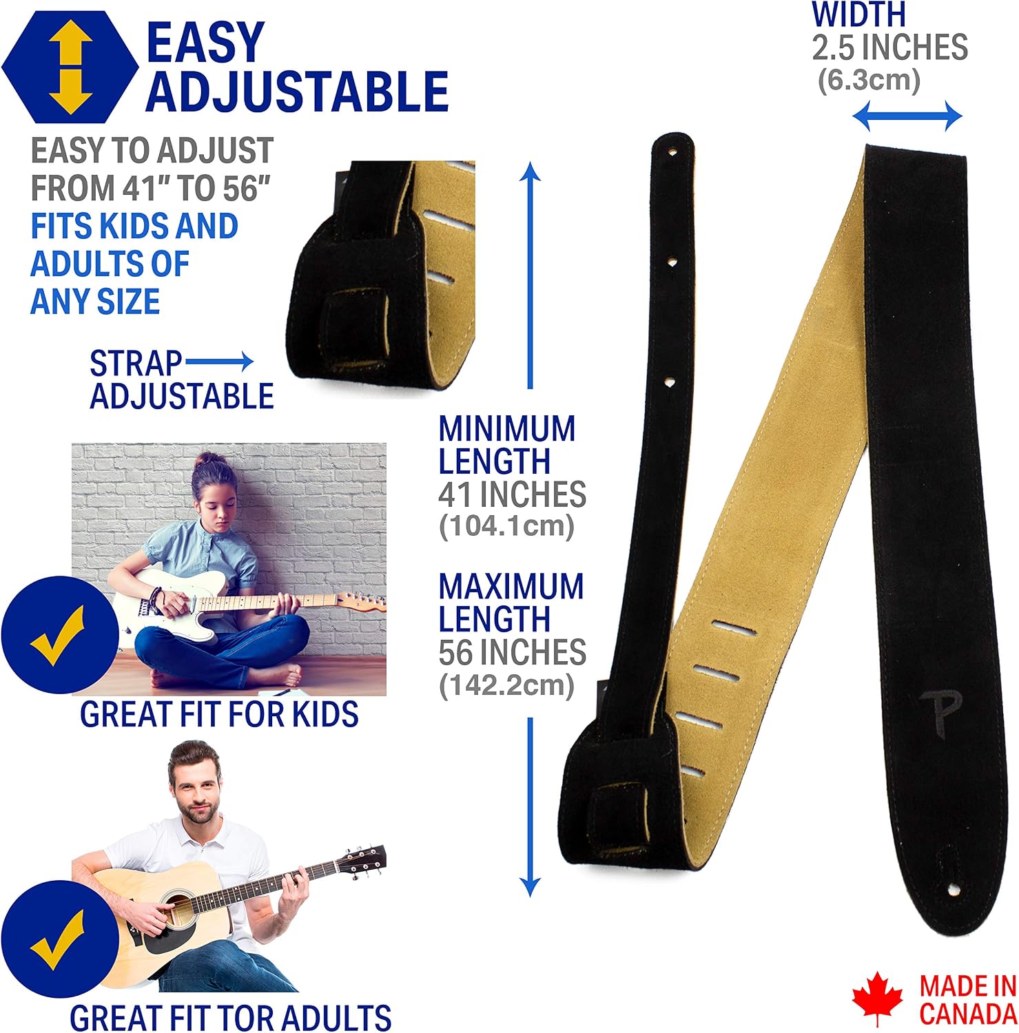 Perri’s Leathers Ltd. - Guitar Strap - Suede - Black - Adjustable - For Acoustic/Bass/Electric Guitar - Made in Canada (BBS-202) - Image 3