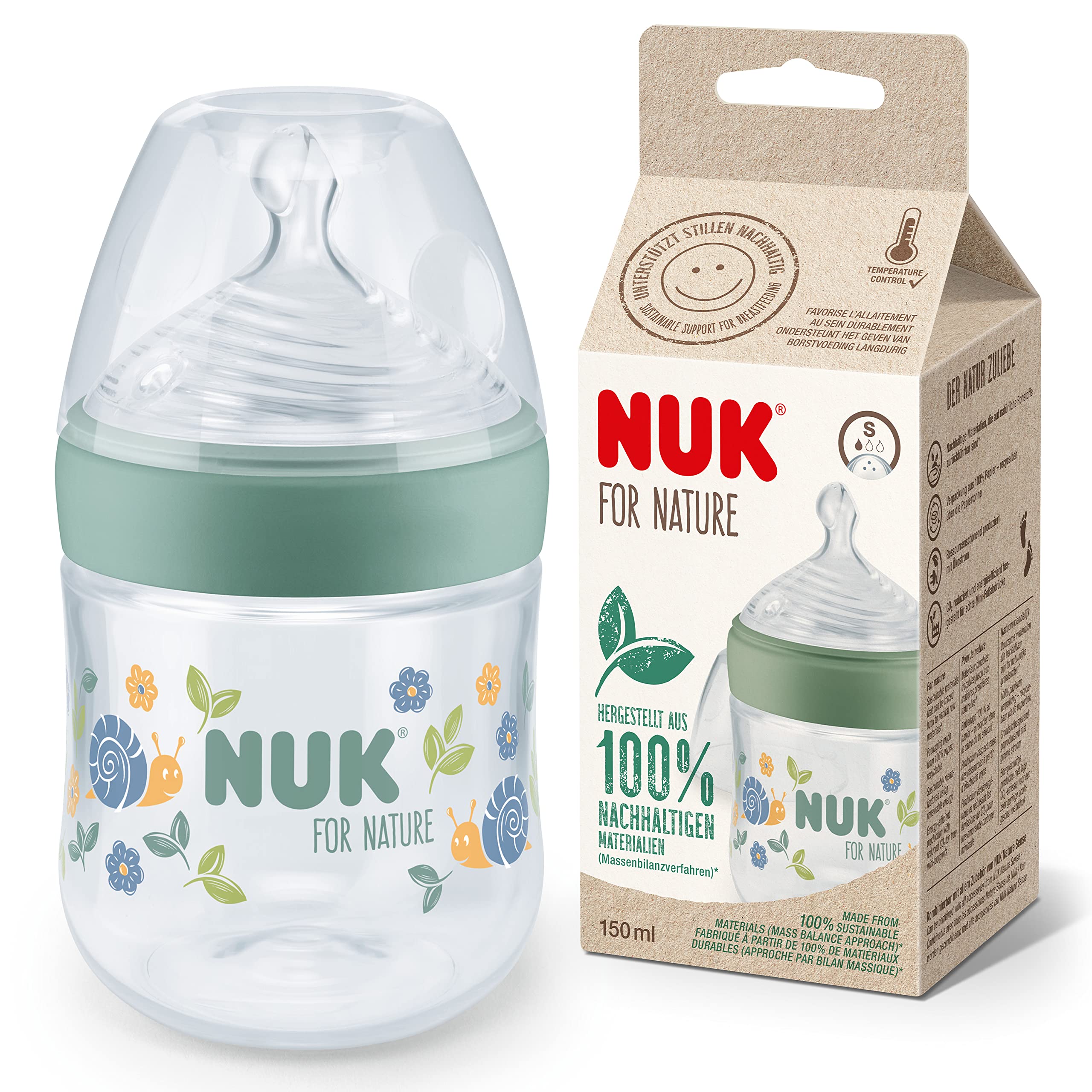 NUK for Nature Baby Bottle | Small Teat | 150 ml | Breast-Like Ant-Colic Silicone Teat | Temperature Control | Sustainable, BPA-Free Materials | Green