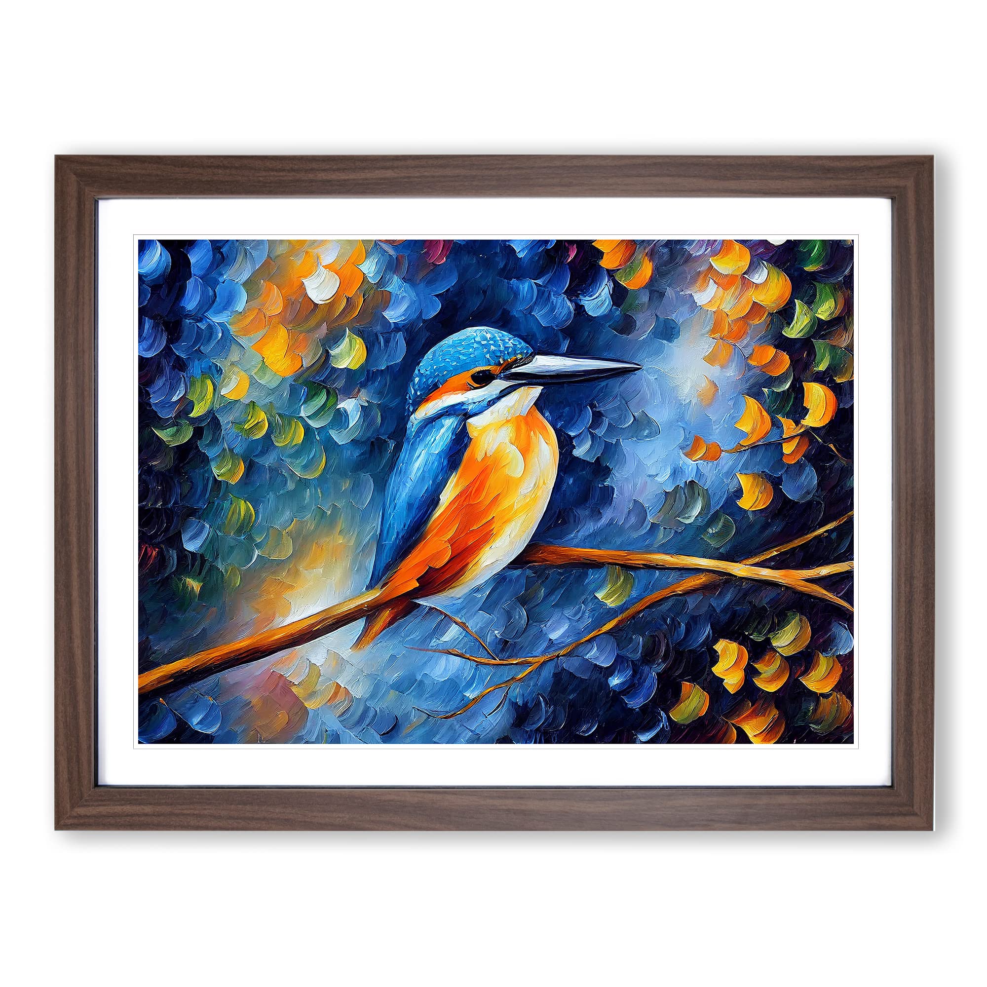 Kingfisher Bird Painting Vol.3 Abstract Framed Print | A4 Walnut Framed Wall Art | Ready to Hang | Abstract Historical Picture | Living Room Bedroom Lounge Office