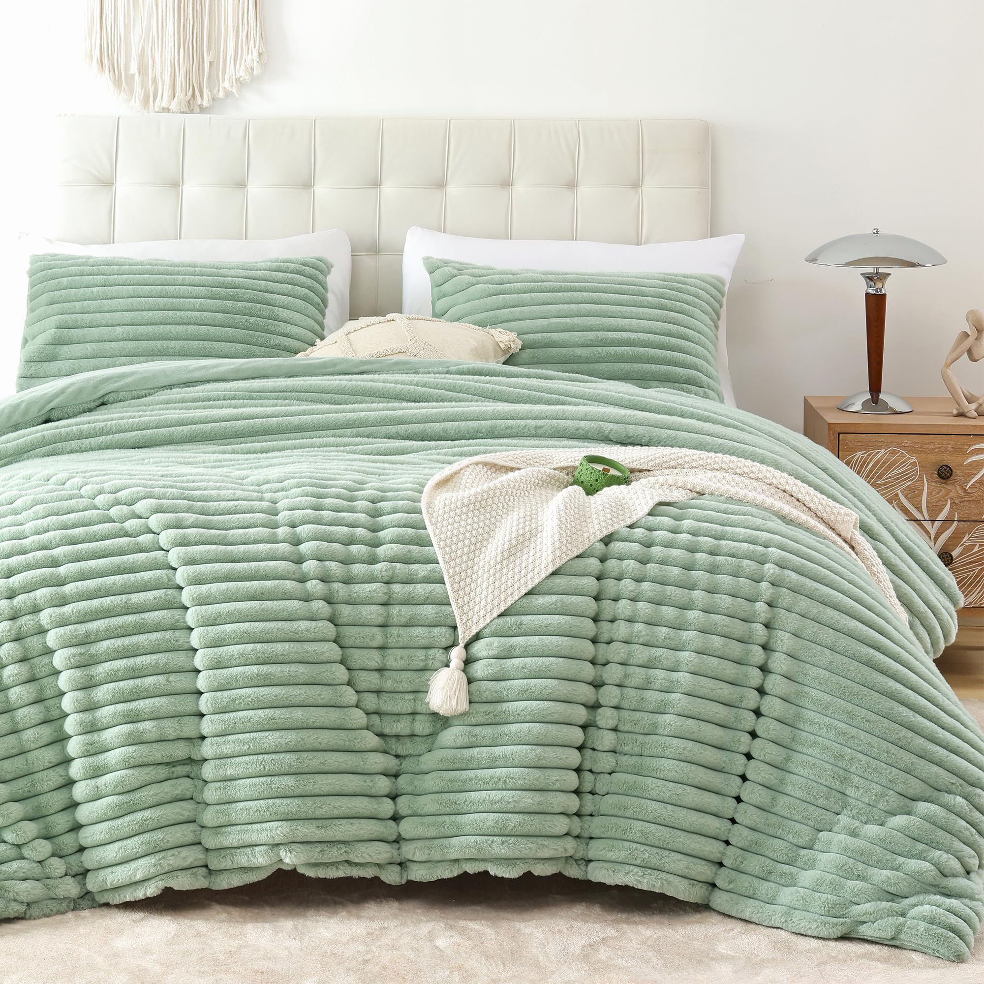 Photo 1 of Smoofy Fluffy King Size Comforter Set 3 Pieces - Sage Green Fleece Fluffy Comforter Set, Luxury Fuzzy King Bedding Set, Soft King Bed Set All Season, Heavy Faux Fur Comforter with 2 Pillow Cases