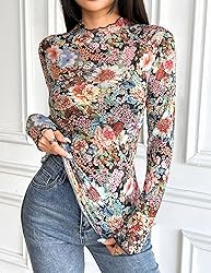 Zeagoo Floral Mesh Long Sleeve Tops for Women Sheer
