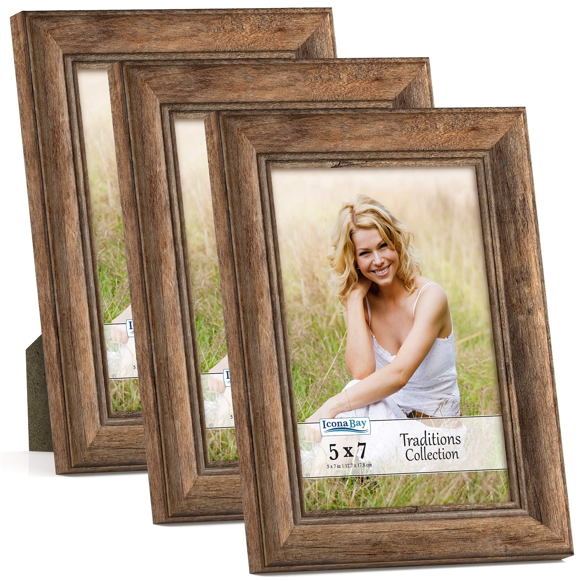 Icona Bay - 5x7 Picture Frames - Chestnut Brown, 3 Pack - Rustic Wood Pattern - Lightly Distressed Frames for Table Top Display or Wall Mount - Traditions Collection