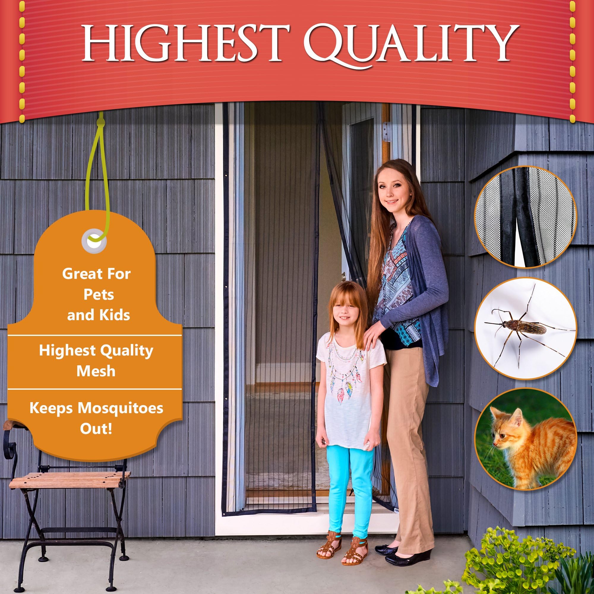 Magnetic Mesh Screen Door (doors up to 34” x 82”) – Full Frame Velcro Bug Screen Keeps Insects Out, Protecting From Diseases like Zika – Maximize Air Flow and Maintain Privacy