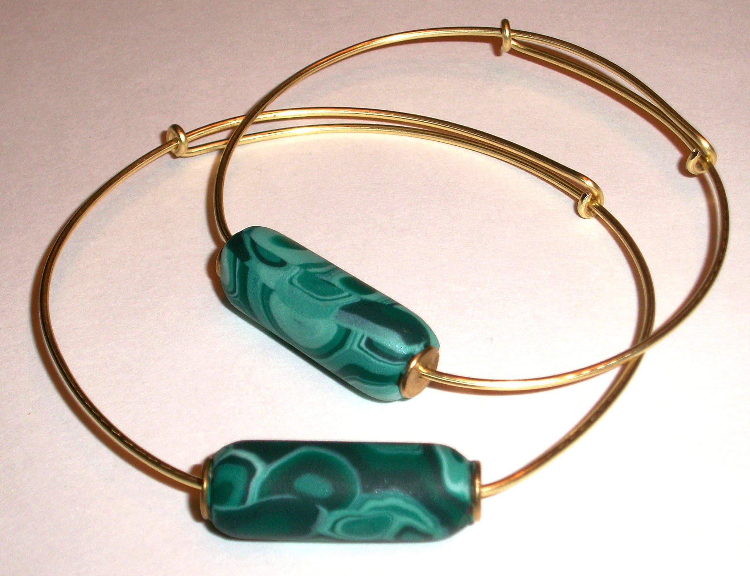 Double Barrel Polymer Bead © & brass wire expandable bangle bracelet, faux malachite polymer clay,