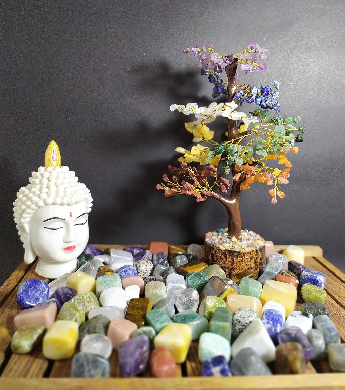 Crocon Seven Chakra Natural Healing Gemstone Crystal Bonsai Fortune Money Tree for Good Luck, Wealth & Prosperity-Home Office Decor Spiritual Gift (with Golden Wire and 300 Beads) Size 10-12 Inches: Home & Kitchen