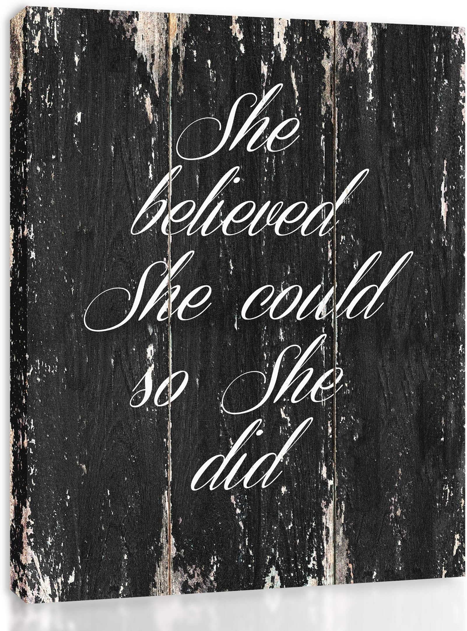 She Believed She Could So She Did - FRAMED - Quote Motivational Wall Art Canvas Print Home Decor, Gallery Wrap Inner Frame, Black, 7x9