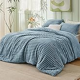 Bedsure Queen Comforter Set - GentleSoft™ 3 Pieces Fluffy Double-Side Fleece Comforter Set, Cozy Striped Room Decor Aesthetic, Luxury Mineral Blue Bedding Queen Size with 2 Pillowcases, 90x90 Inches