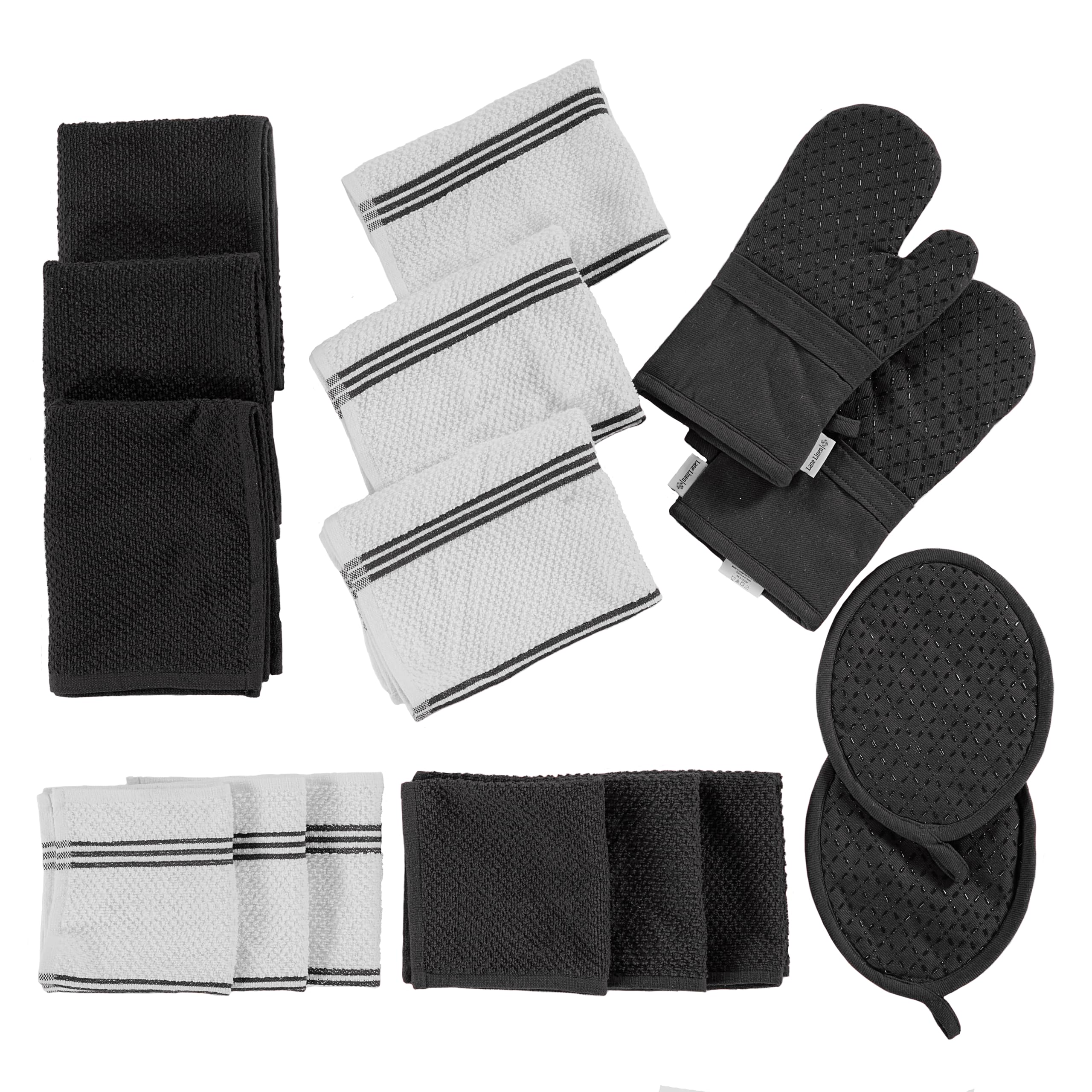 LANE LINEN 16-Piece Kitchen Towels & Dishcloths Set – Heat Resistant Silicone Oven Mitts, Pot Holder & Absorbent Terry Dish Towels – Black Image